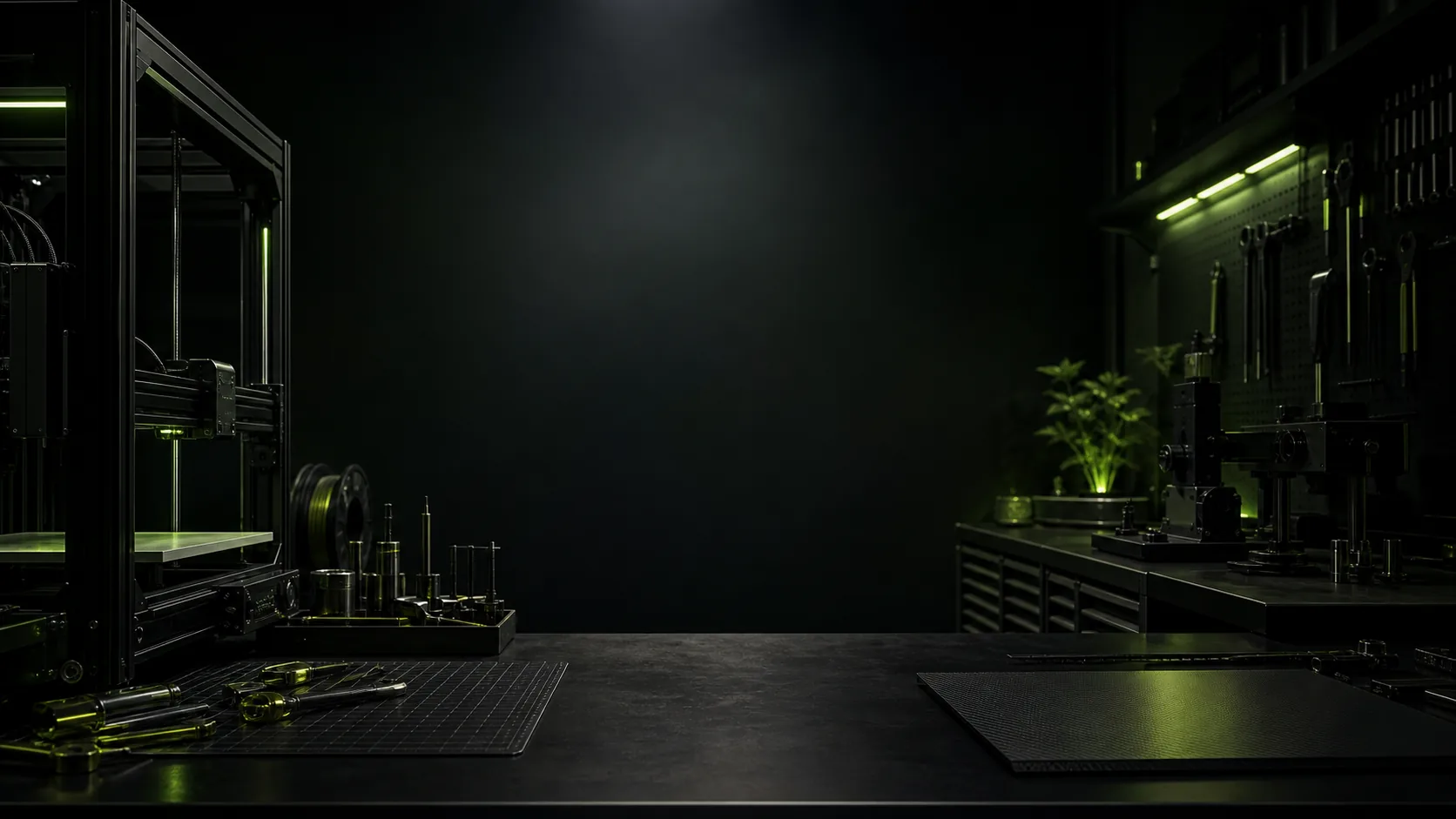 Dark green fabrication workspace used as the AERIS OS product atmosphere