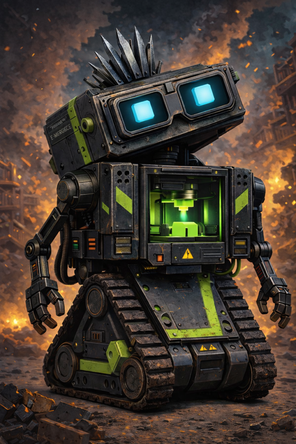 Torx fabrication character standing in a damaged industrial setting